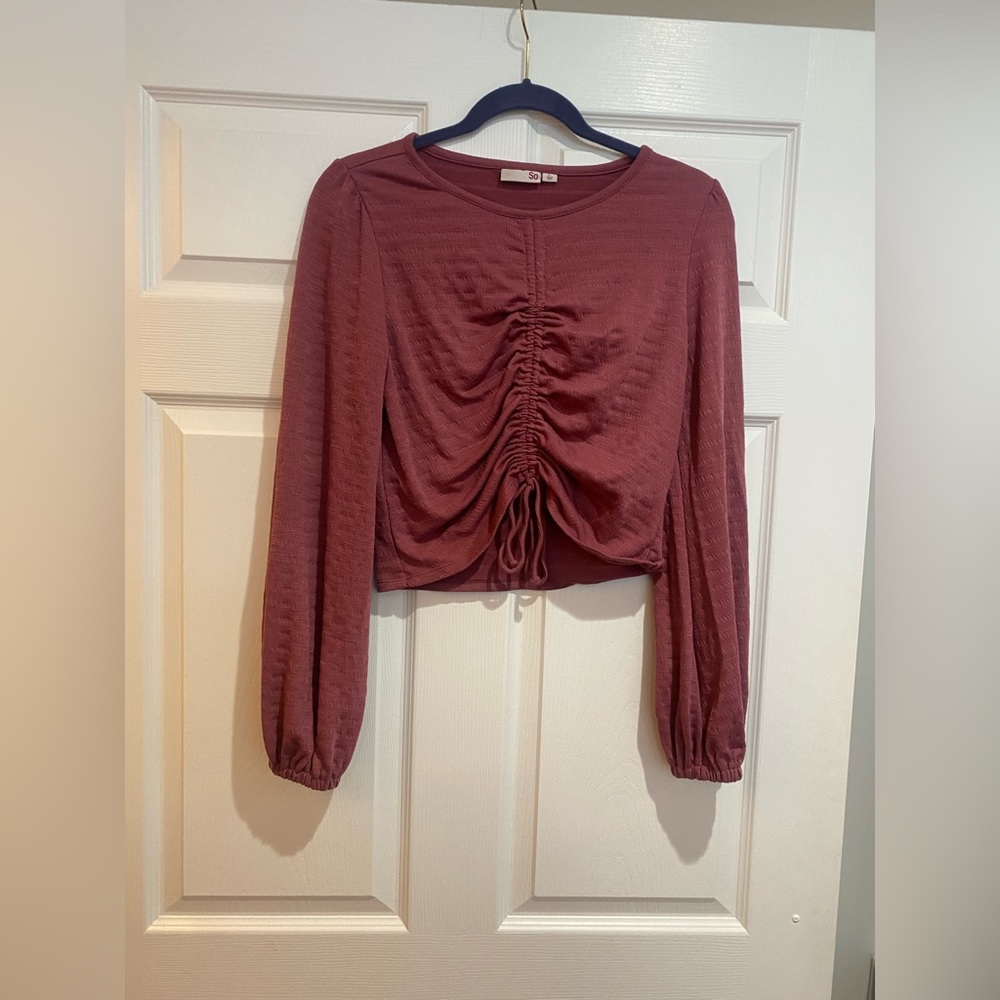 Deep pink, cropped sweater with gathered front detail